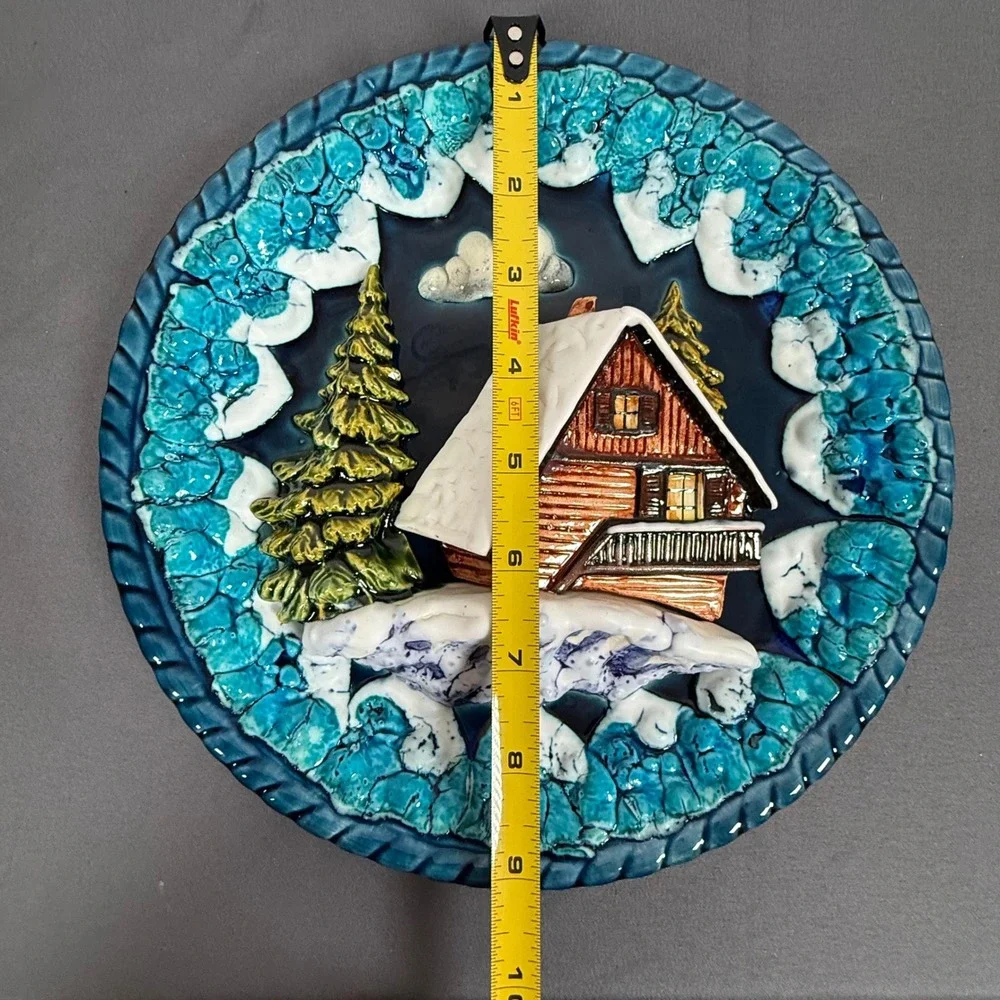 Vintage 3D Ceramic Cabin Winter Scene Wall Plate Decorative Collectible Art
